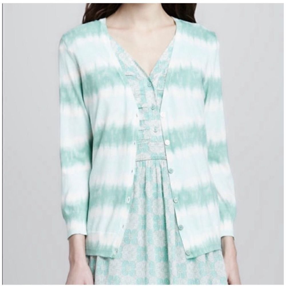 Tory Burch Theo Cardigan Mint White Shibori Tie Dye Striped L